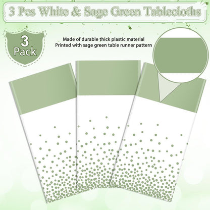 3Pcs White and Sage Green Tablecloth Decorations,Plastic White Table Cloth Printed Green Table Runner Disposable Rectangle Tables Cover for Birthday Wedding Anniversary Graduation Party,54 x108 Inch