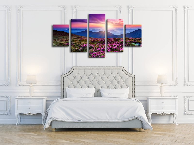 Wieco Art 5 Piece Giclee Canvas Prints Wall Art Large Modern Gallery Wrapped Mountains in Sunrise Artwork Purple Landscape Pictures Paintings Ready to Hang for Bedroom Dining Room Decorations L