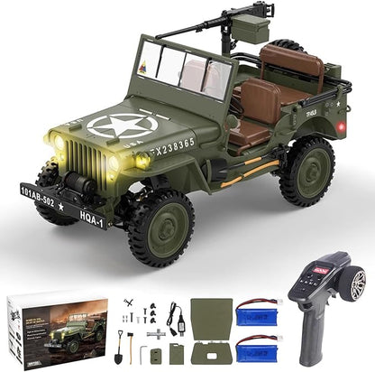 RC Crawler 1:14 Scale Willys Military Jeep 2.4Ghz 4WD Off Road Rock Crawler with 45° Climb Alloy Chassis/Drivetrain Dual-Speed Transmission Functional Winch LED for Adult (Green)