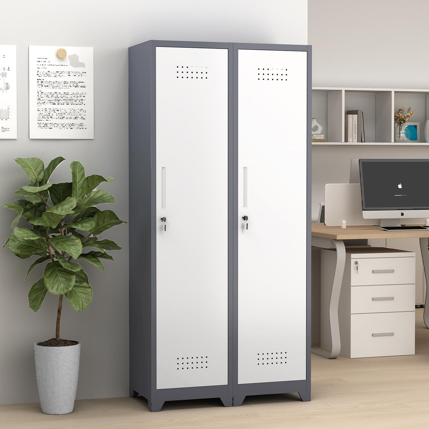 GREATMEET Slim Locking Metal Garage Storage Cabinet, 65" Lockable Utility Closet, Tall Steel Narrow Broom Closet Storage Cabinets with Door and Shelves for Laundry Room, Bathroom, White & Grey
