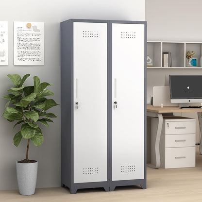 GREATMEET Slim Locking Metal Garage Storage Cabinet, 65" Lockable Utility Closet, Tall Steel Narrow Broom Closet Storage Cabinets with Door and Shelves for Laundry Room, Bathroom, White & Grey