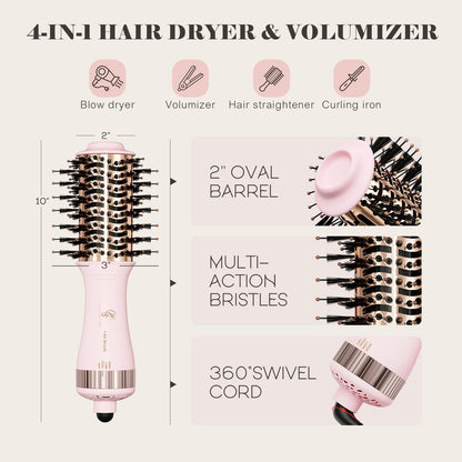 110-240V Travel Brush Hair Dryer, Small Hair Straightener Brush with European Plug Adapter for International Travel, 4 in 1 Hot Air Styler & Dryer for Drying Straightening Curling Volumizing