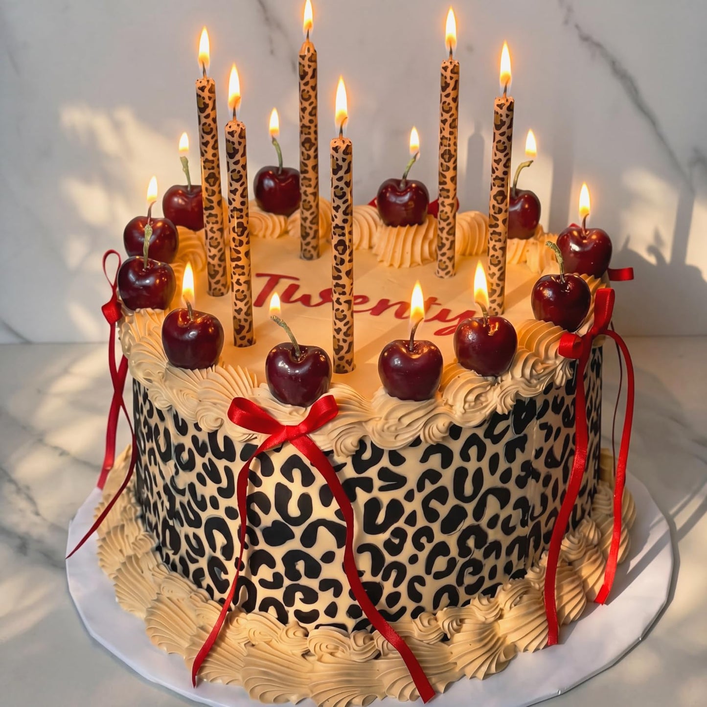 Conelist 18 Pcs Cheetah Cherry Birthday Candles Cute Cherry Shaped & Leopard Taper Cake Candles Decoration Cupcake Topper Decor for Birthday Bachelorette Wedding Party Supplies