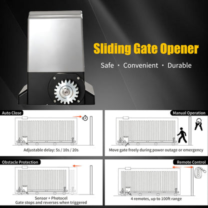1800Lbs Heavy Duty Sliding Gate Opener, AC Gate Motor with 19.6ft Nylon Rack, DIY No Welding Installation, 4 Remotes & IR Sensor, Electric Gate Motor for Driveway