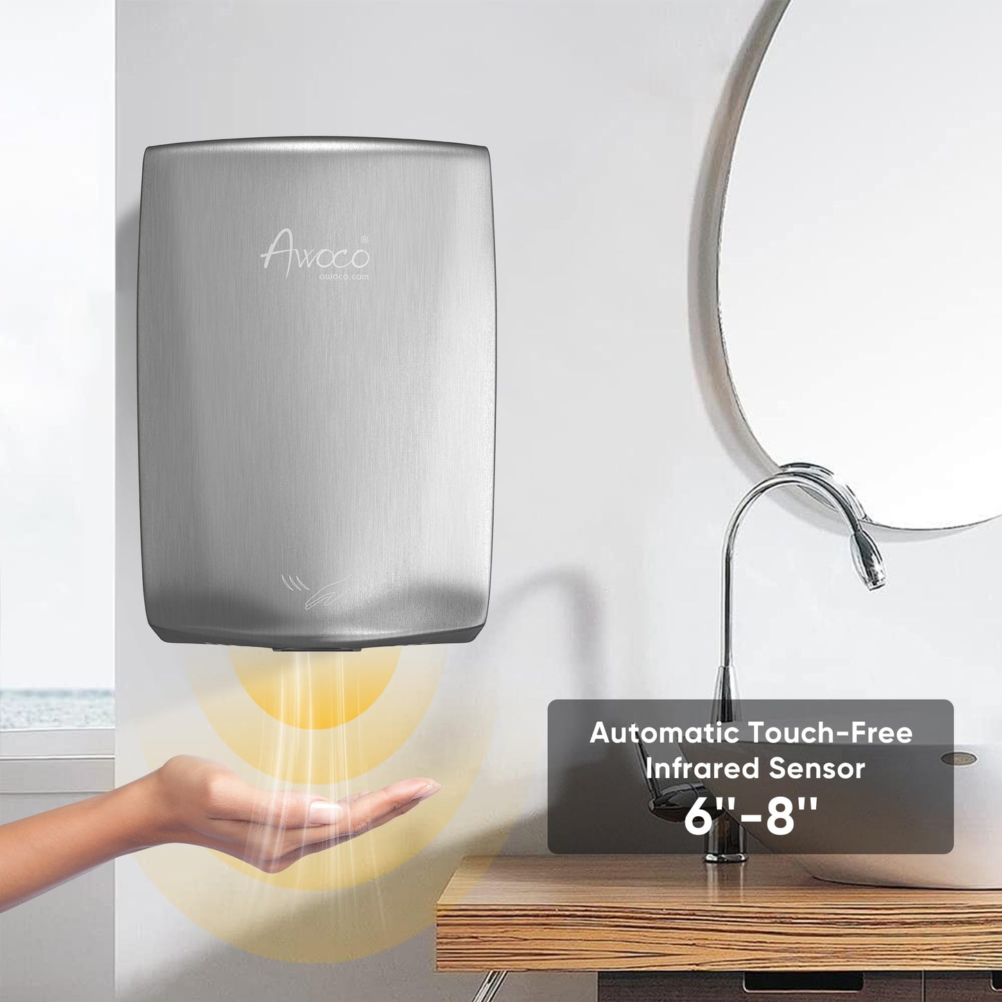 Awoco Compact Stainless Steel Automatic High Speed Commercial Hand Dryer, 1350W 120V UL Listed (Compact)