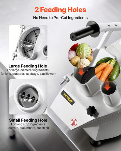 VEVOR Commercial Food Processor 2 Feeding Holes, 550W Electric Vegetable Slicer 1600 RPM, Stainless Steel Vegetable Processor Detachable 6-blades, 3mm/4mm/7mm Shred, 2mm/4mm Slice