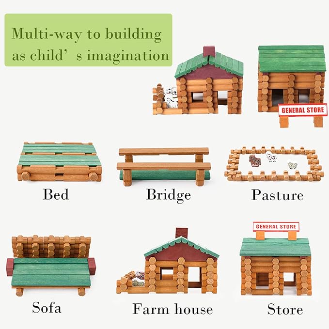 Wondertoys 170 Pieces Wood Logs Set Ages 3+ Classic Building Log Toys for Boy Creative Construction Engineering Educational Gifts