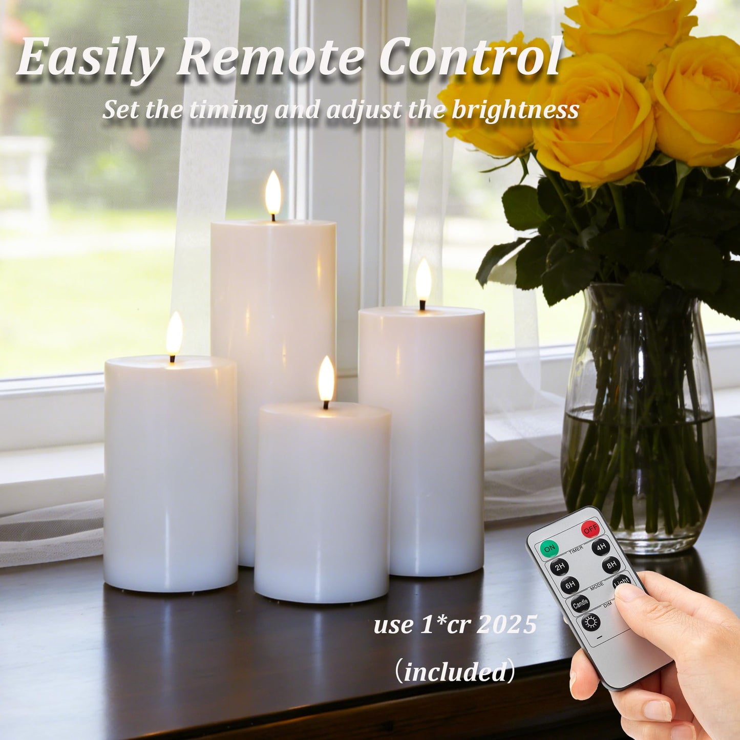 JOIONE Battery Operated Candles with Remote, LED Flameless Real Wax Pillar Candles Set of 4, Timer Function, Safe Home Décor for Living Room, Bedroom, and Dining Table, White