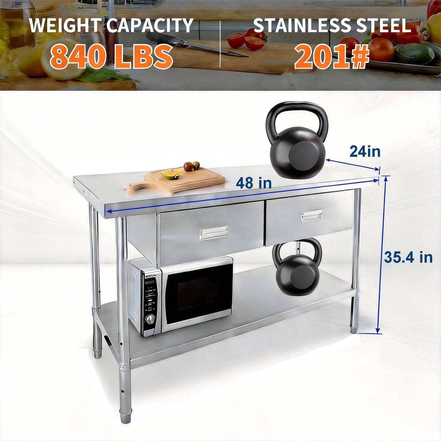 Stainless Steel Table with 2 Drawers, 48" x 24" Prep Table for Commercial Kitchen, Heavy-Duty NSF Work Tables Workbench with Adjustable Undershelf for Home Kitchen Restaurant Garage Warehouse