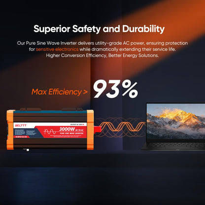 BELTTT 3000W Pure Sine Wave Inverter 12V DC to 120V AC for Solar, Off-Grid, RV, Truck, Home, Power Inverter with Dual AC, 20A Socket, 5V 2.1A USB, Hardwire Port, Remote Controller 23Ft Cable