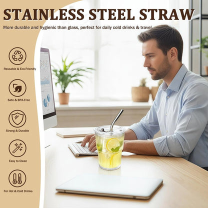 4 Packs Ribbed Glass Tumbler with Lid and Straw 13 oz Cute Ice Coffee Cup Set for Smoothie Juice Matcha Tea Latte Cappuccino Espresso Hot Coffe Water Reusable Clear Travel Boba Aesthetic Drinking Mug
