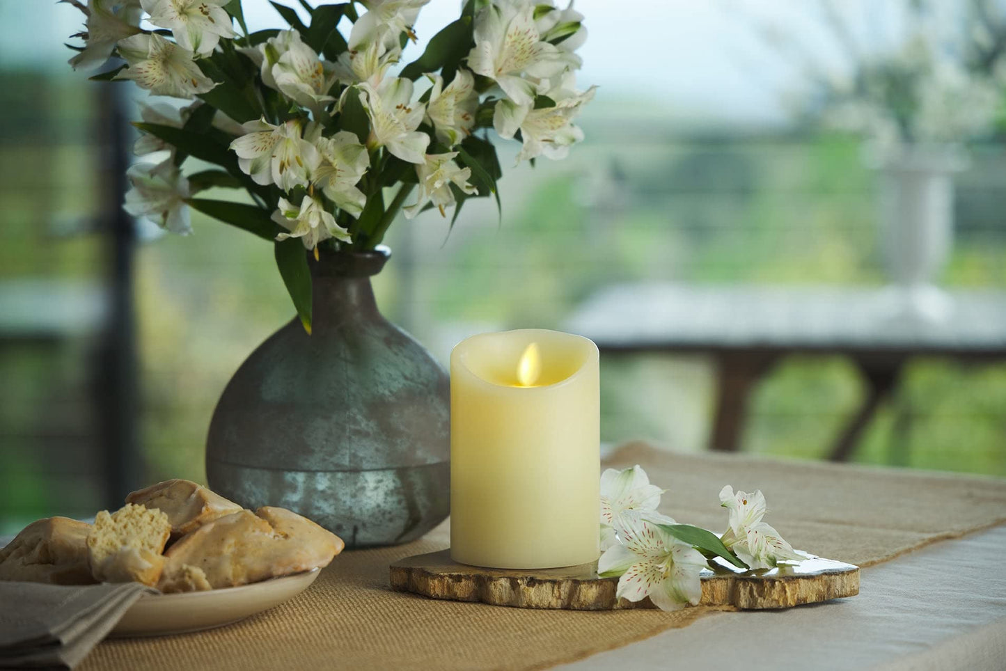 Luminara Scalloped Edge Flameless LED Candle, Ivory, 3" x 5", Battery Operated, Moving Flame, Real Wax Pillar with Timer, Vanilla Honey Scented