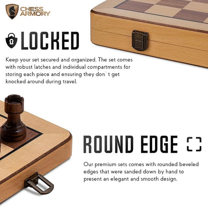 Chess Armory Wooden Chess Set 15 Inch - Premium Beech Wood Handcrafted Game Board for Adults and Kids with Extra Queen Pieces and Storage Box - Ideal for Home and Travel - Non-Magnetic