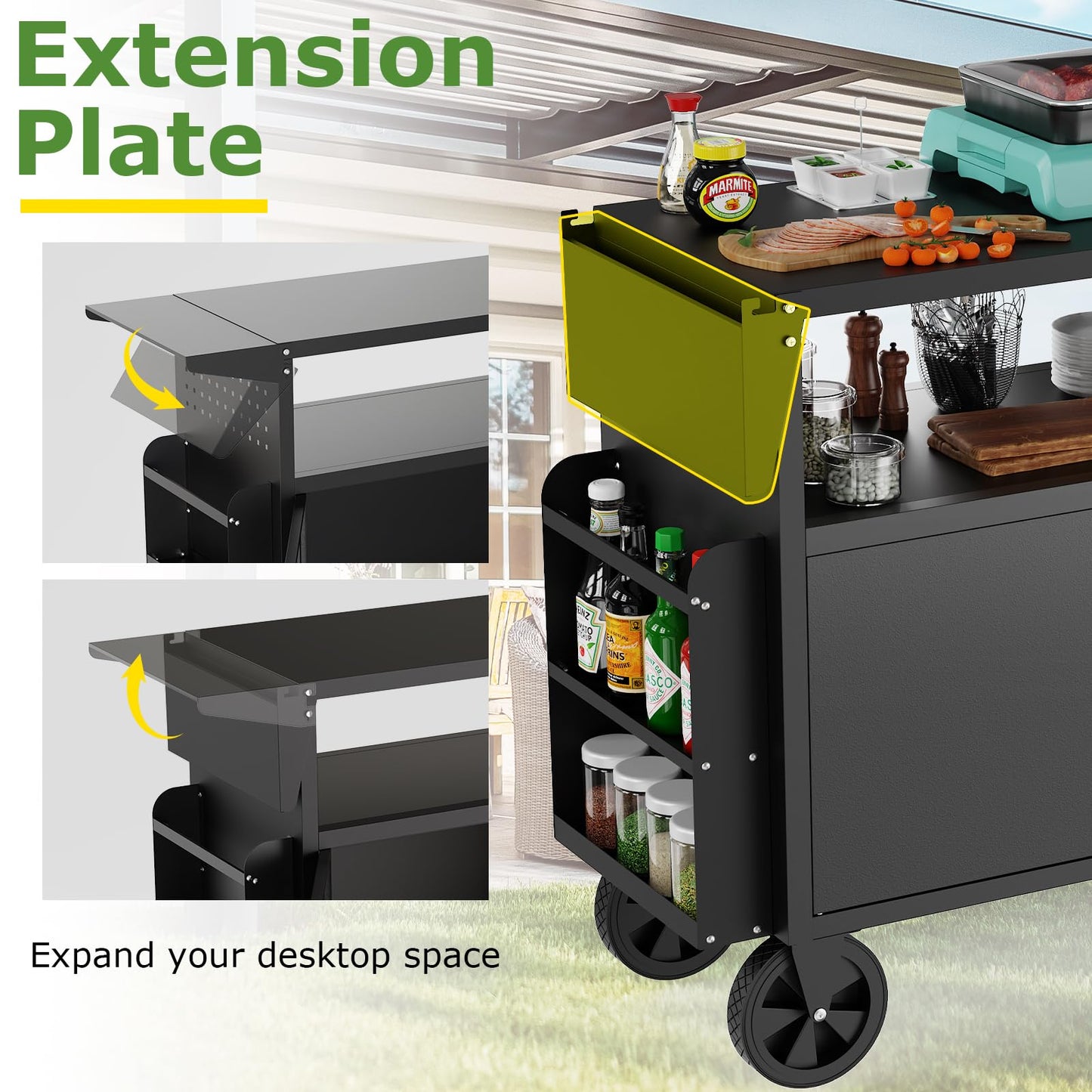 Eltean Grill Table,Outdoor Grill Cart with Storage,Outdoor Kitchen Island with Wheels,Foldable Tabletop for Prep,Patio BBQ(Metal)