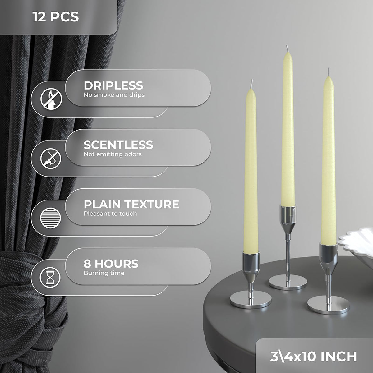 CANDWAX 10 inch Tapered Candles - Set of 12 Pearl Unscented Dripless Candlesticks - Perfect for Dinner - Ivory Candle