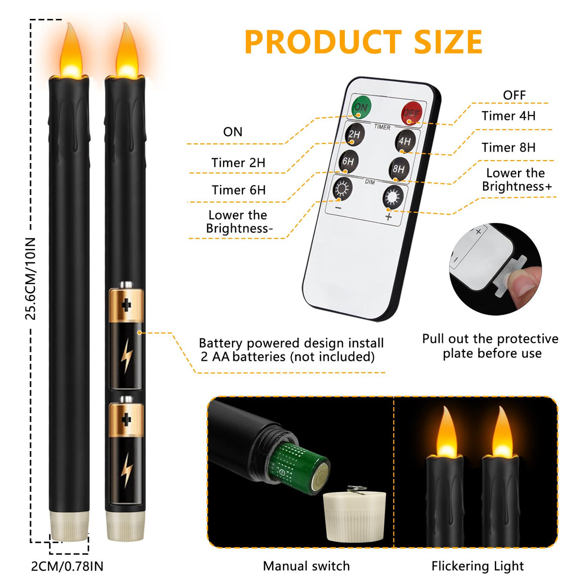 wemarry 6 Pcs Black Flameless Taper Candles with Remote, 10" Tall Electric Led Candlesticks, Plastic Battery Operated Taper Candles for Halloween Dinner Party Wedding Birthday Home Décor(Black Drip)