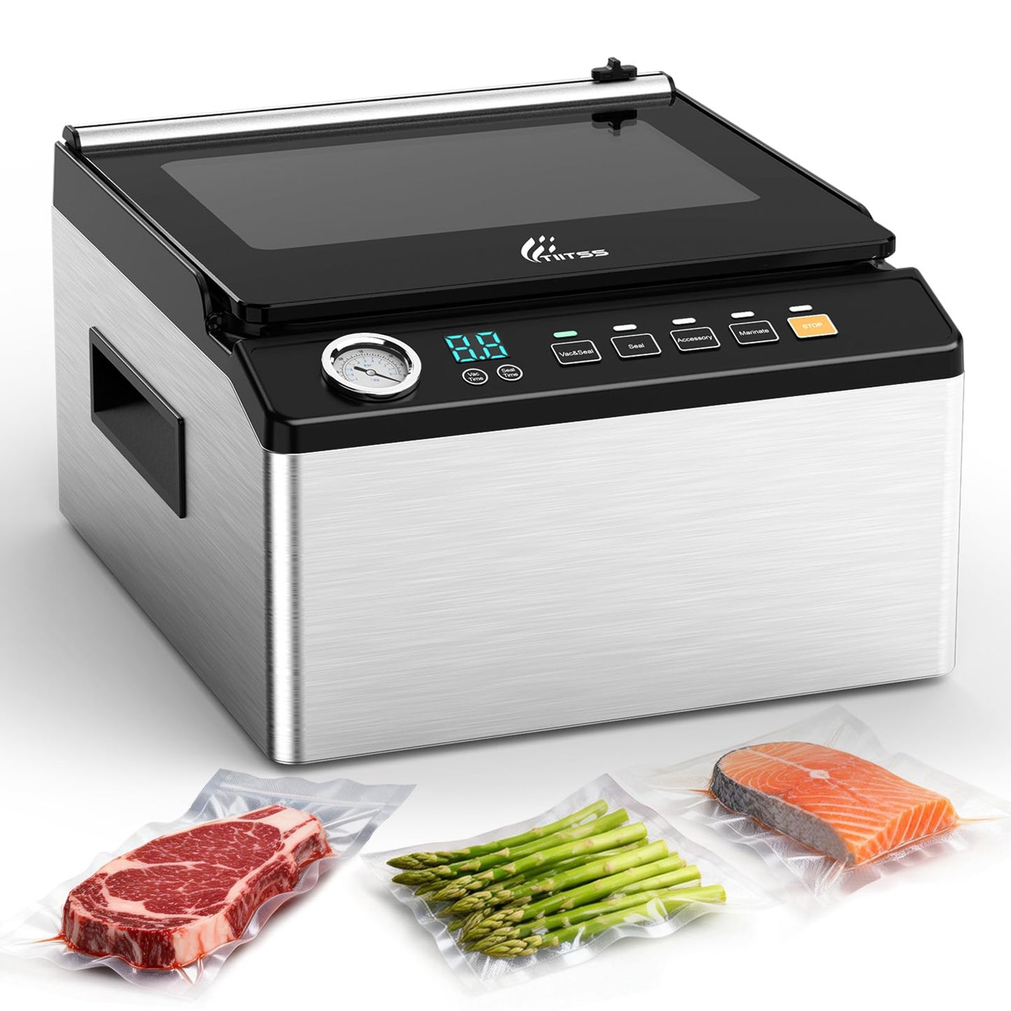 TIITSS Chamber Vacuum Sealer, 230W Powerful Vacuum Packing Machine with 6.8QT/6.4L Large Chamber and 12-inch Seal Bar for Meats, Soups, Sauces and Liquids, Ideal for Home and Commercial Use