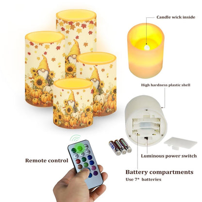 NETILGEN Thanksgiving Day Decor Flameless LED Candles with Remote Timer Control Long Lasting Pillar Candles Set of 4 Fall Maple Leaf Gnome Print
