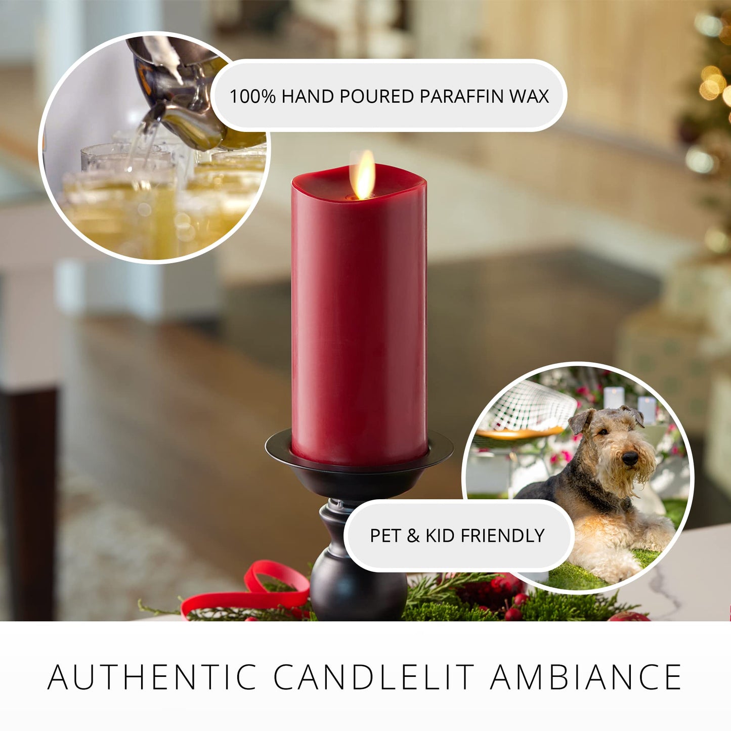 Luminara Flameless Flickering Melted Edge 3" x 6.5" Candle, Battery Operated & Timer Function, Remote Ready (Sold Separately), Unscented Paraffin Burgundy Wax LED Light Pillar, Christmas Holiday Décor