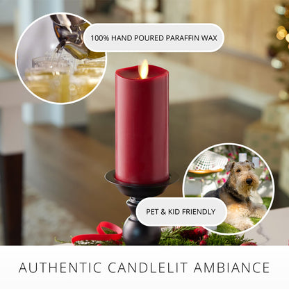 Luminara Flameless Flickering Melted Edge 3" x 6.5" Candle, Battery Operated & Timer Function, Remote Ready (Sold Separately), Unscented Paraffin Burgundy Wax LED Light Pillar, Christmas Holiday Décor