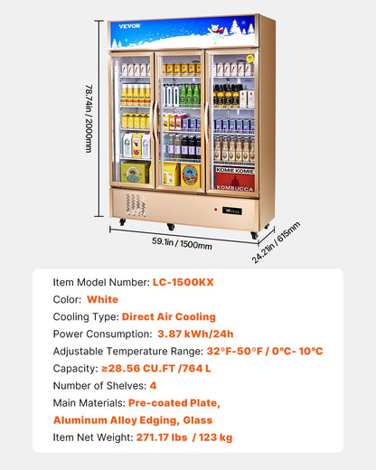 VEVOR Commercial Merchandiser Refrigerator Triple Glass Doors, Cubic Ft, Upright Display Beverage Cooler 79" Tall x 60" Width, Fridge with LED Lighting for Drink Wine Soda, Gold, 35 cu.ft