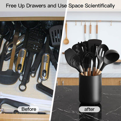 LATCHHOOK Black Kitchen Utensil Holder for Countertop, Large 7.2 Matte Ceramic Cooking Utensil Crock for Counter Easy to Clean, Modern Spatula Holder for Farmhouse Décor 7.2×5.8 INCH