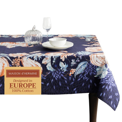 Maison d' Hermine Table Cloth Square Table 100% Cotton 60 x 60 Inches Fall Tablecloth Reusable Everyday Use for Thanksgiving Christmas Decorations Dining Farmhouse Party (Pumpkin Blues)