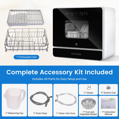 BLITZHOME WiFi Countertop Portable Mini Dishwasher, Smart 9 Programs,167℉ High-Temp, Hot Air Drying, Air Refresh, 360° 3 Spray, 24H Timing, LED Light, 5.2L Built-in Water Tank for Apartments RVs