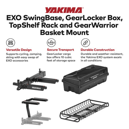 Yakima EXO SwingBase Hitch Rack Bundled with EXO GearLocker Rooftop Box, EXO TopShelf Hitch Base Rack Storage, and EXO GearWarrior Basket Mount, Black