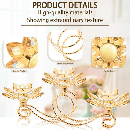 2Pcs Gold Kehail Crystal Metal Tea Light Candle Holder Set, 3-Arm Flower Shaped Crystal Votive Candlestick Holders for Table Centerpiece, Wedding Shower, Party and Home Decor