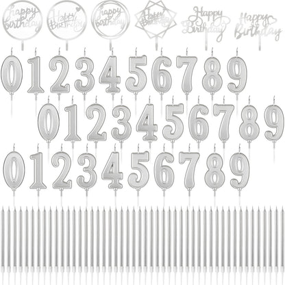 Shihanee 84 Pcs Birthday Cake Toppers Decorations Long Thin Metallic Birthday Candles Bulk Number Candles 0-9 DIY Cake Decor for Wedding Anniversary Party(Silver)