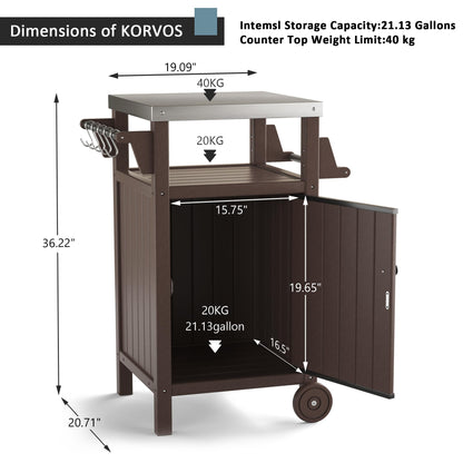 KORVOS Kitchen Portable Outdoor Grill Cart, Patio Movable Bar Cart with 304 Stainless Steel Top&HDPE Frame, BBQ Table for Indoor,Outdoor&All Weather Use, Brown