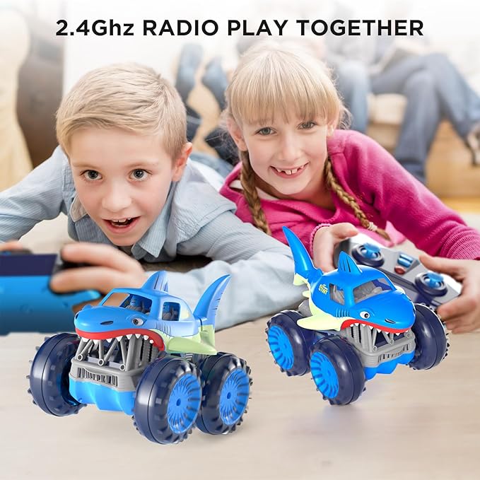 MaxTronic Fast Direct Charging Remote Control Car Rechargeable Amphibious RC Cars with 2.4Ghz 4WD All Terrain Waterproof RC Shark Monster Truck Toys for Boys Girls 3-12 Years