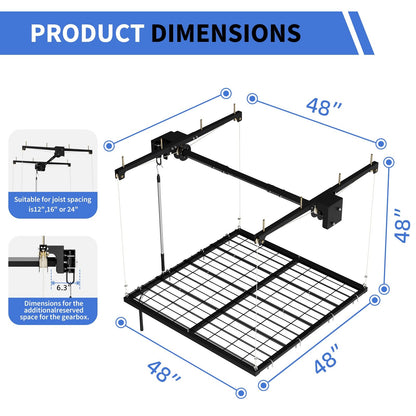 Garage Ceiling Storage Racks, Garage with the 4x4ft Overhead Lift Storage Rack, Experience Effortless Organization with 350lb Capacity, Smooth Crank System, Space-Saving Ceiling Rack Design