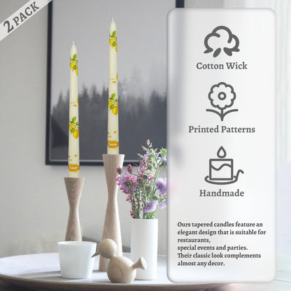 Floral Taper Candles 10 Inch Tall Unscented Handmade Beige Lemon Print Long Burning Elegant Candlesticks for Wedding Dinner Home Decor