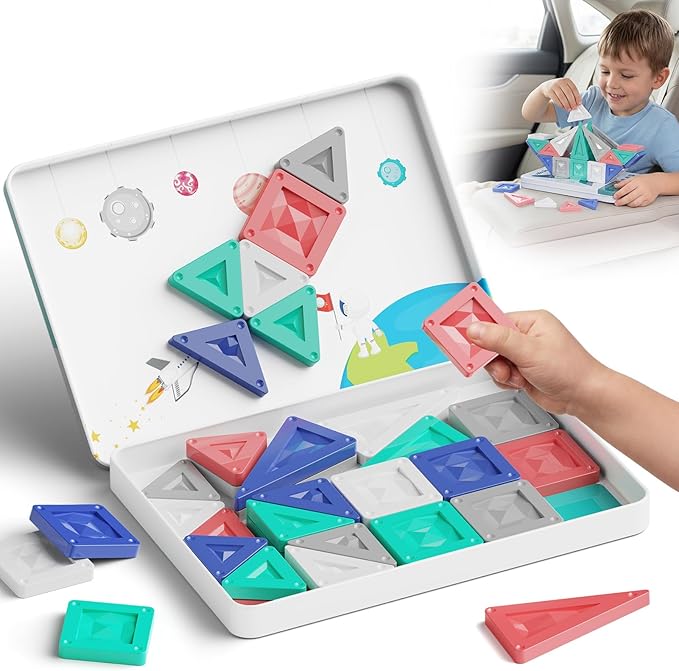 Magnetic Tiles Travel Set 40 PCS Morandi Building Block with Tin Box- 90Mins Quiet Play 45s Cleanup - Airplane Car Trip Activity Toy for Boys Age 3 4 5 6