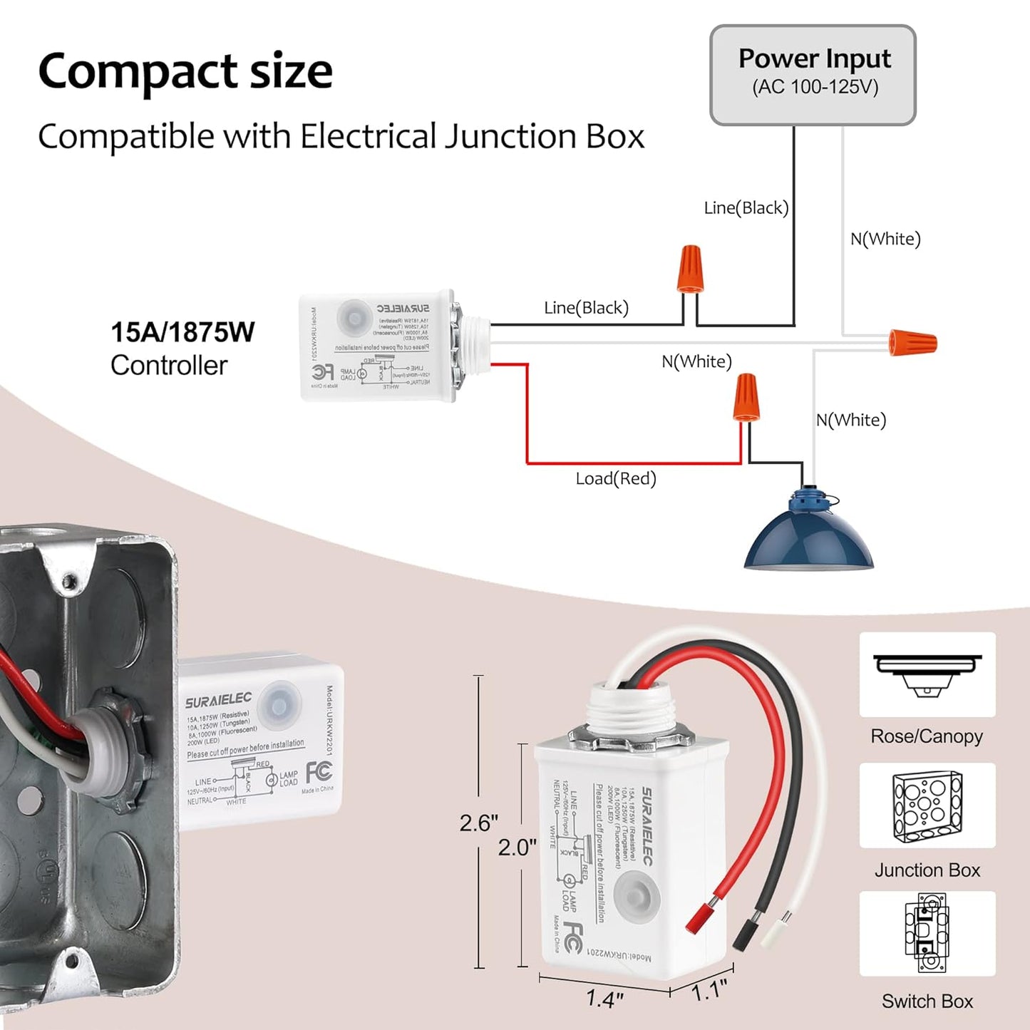 Suraielec Wireless Light Switch and Receiver Kit, 15A High Power, No Wiring, No Interference, 100ft RF Range, Expandable Remote Control Wall Switches for Lamp, Ceiling Light, Fan, Outdoor Lighting