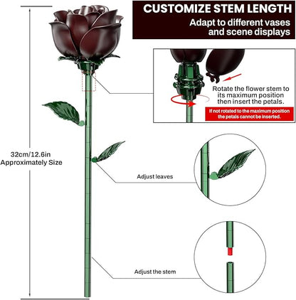 Burgundy Red Rose Bouquet Building Set for Girls &amp Boys - 12 Pack Botanical Collection Gift for Easter Basket Artificial Flowers Botanical Collection Centerpiece Retro Decor