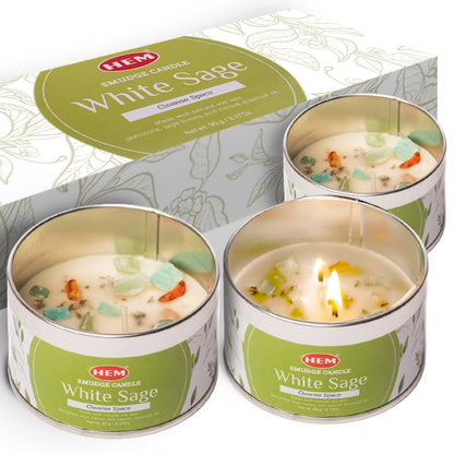 HEM White Sage Candle with Crystals & Sage Leaves – 9.5oz Natural Soy Wax, 65 Hrs Clean Burn | Earthy Smudge Candle for Cleansing, Meditation & Relaxation | Long Lasting Spiritual Gift (Pack of 3)