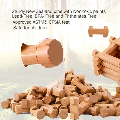 Wondertoys 90 Pieces Classic Wood Cabin Logs Set Building Log Toy for Children Farm House Construction Educational Toys for 3 4 5 6 Years Old