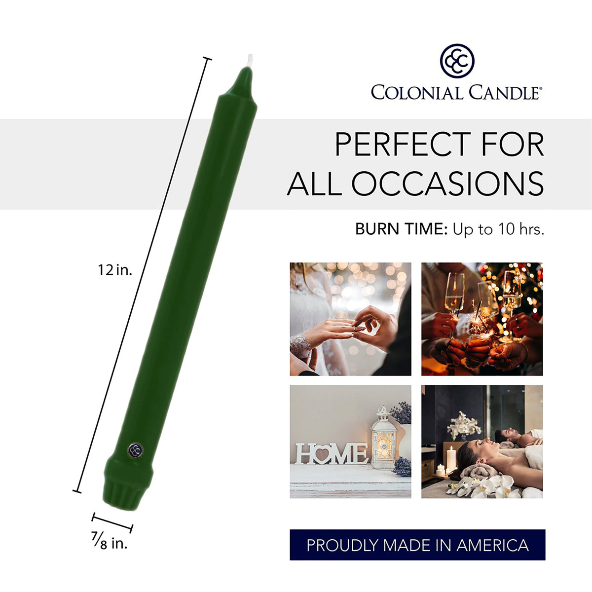 Colonial Candle Unscented Taper Candle, Classic Collection, Evergreen, 12 in, Pack of 12 - Up to 10 Hours Burn