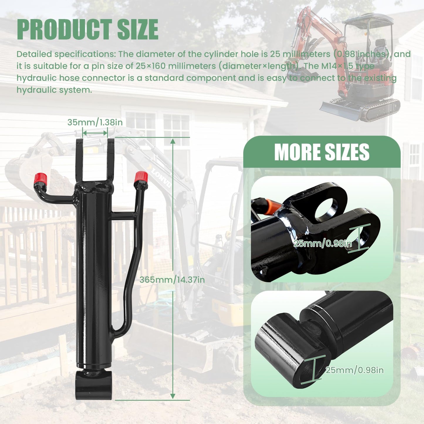 Mini Excavator Thumb Cylinder Hydraulic Cylinder 25mm/0.98in, Compatible with Below 2 Tons Mini Excavator Attachment, Small Digger Three Holes Hydraulic Thumb Clip (Only Cylinder)