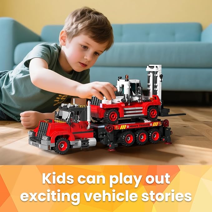 Mould King Trailer Toy Building Block Realistic American Style Semi Truck Model Building Sets for Boys Girls Ages 8+ 24079 STEM Toy with Forklift Truck Collectible Model for Adults (906 PCS)