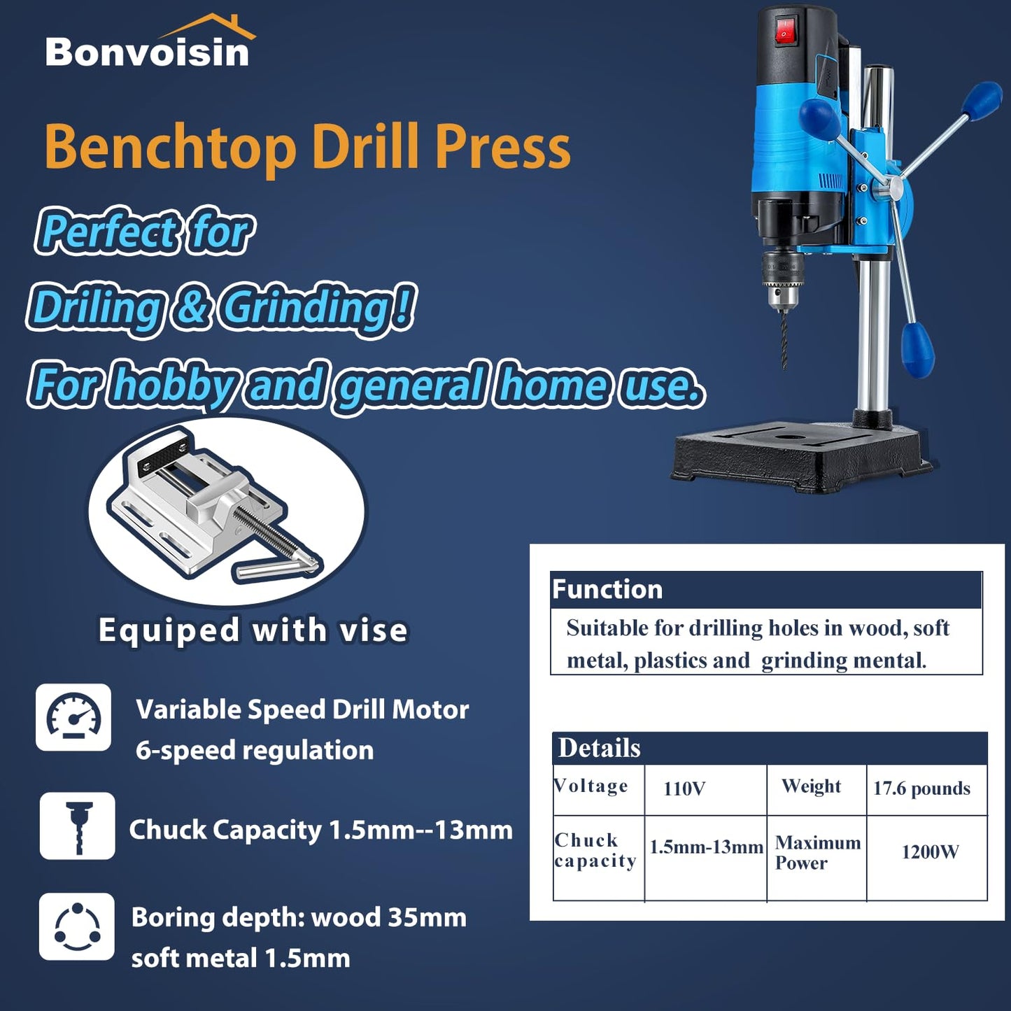 Bonvoisin Mini Benchtop Drill Press, 6 Variable Speed Drilling Machine for Craft and Home Improvement, 1200W Electric Drill Press 2800RPM Max Speed