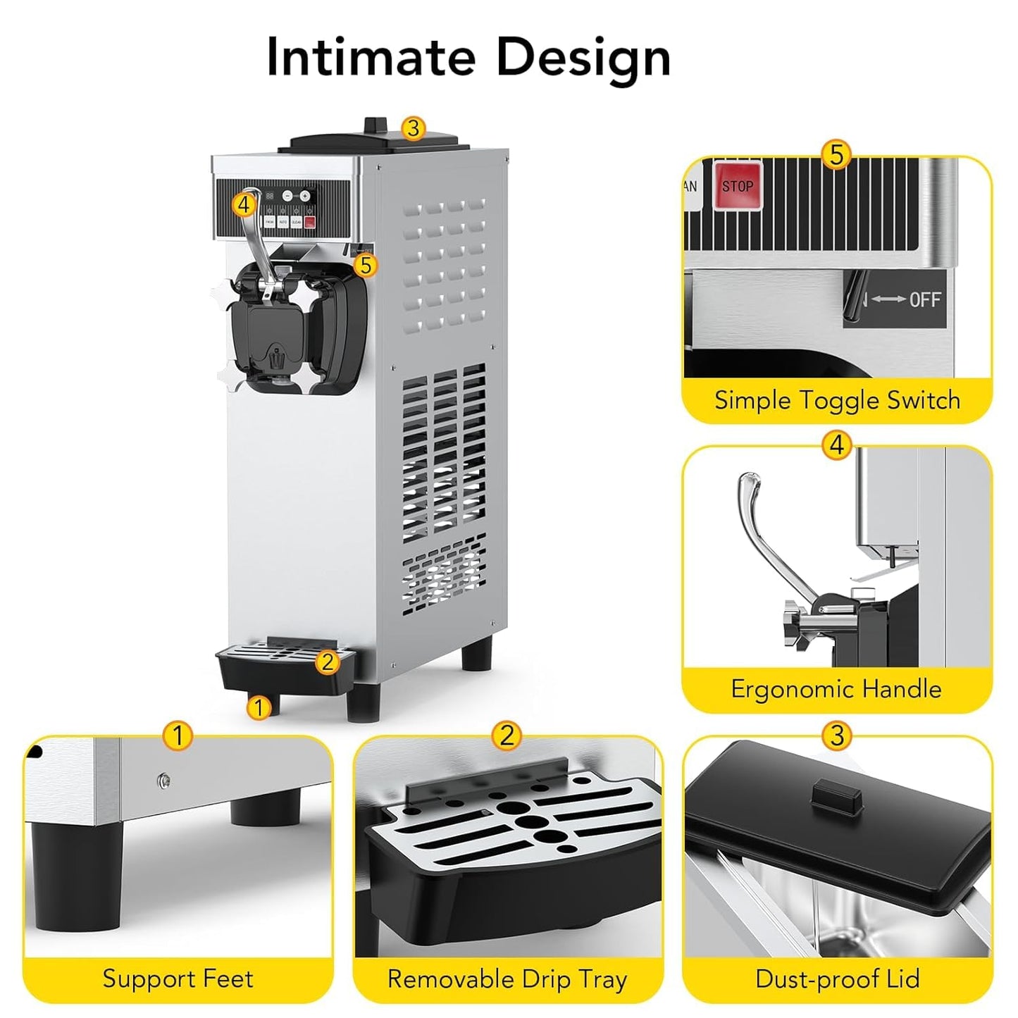 Takywep commercial Ice cream machine, 4.76 to 5.8GAL/H ice cream machine machine, with pre -cold function, 1050W single -flavored Compressor Soft Ice Cream Machine, with 1.85 gallon ingredient box