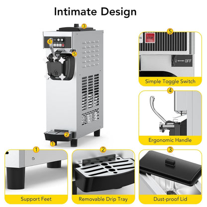 Takywep commercial Ice cream machine, 4.76 to 5.8GAL/H ice cream machine machine, with pre -cold function, 1050W single -flavored Compressor Soft Ice Cream Machine, with 1.85 gallon ingredient box