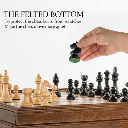 A&ampA 15 inch Walnut Wooden Chess Set with Storage Drawer Triple Weighted Pieces 3.0 inch King Height Walnut &amp Maple Inlay 2 Extra Queen Classic 2 in 1 Chess and Checkers Board Game