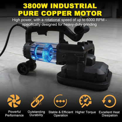 PeiXWming 4-Head Concrete Grinder Set with Long Handle, 4" Concrete Floor Grinder 3800W 0-6000RPM Concrete Surface Planer Dust Extraction Shroud Auxiliary Wheels for Grinding Concrete Cement Marble