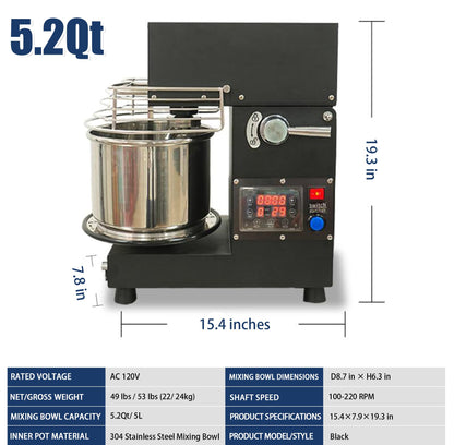 USAJZM 5.2-Quart Commercial Dough Maker, Electric Kitchen Stand Mixer, Heavy-Duty Bread Kneader Machine with Stainless Steel Bowl, Beaters for Baking Pizza, Pasta and Food Mixing