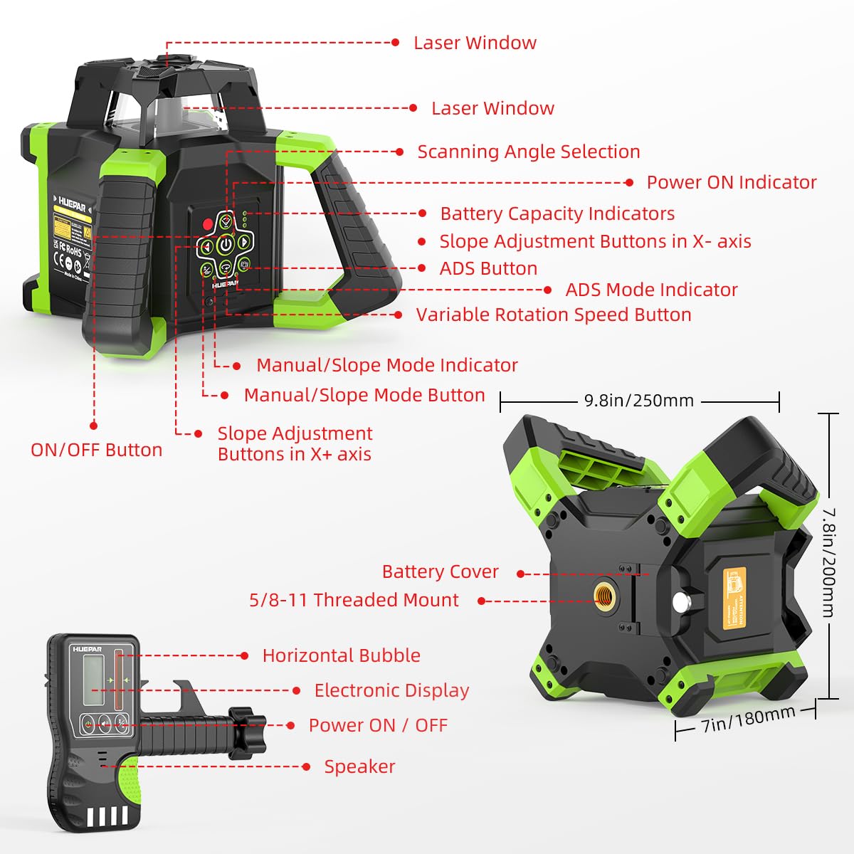 Huepar Electronic Self-Leveling Rotary Red Laser Level Kit - 360 Horizontal Laser Beam Interior/Exterior Rotating Laser Level Tool with Receiver, Protective Glasses, Hard Case RL300HR